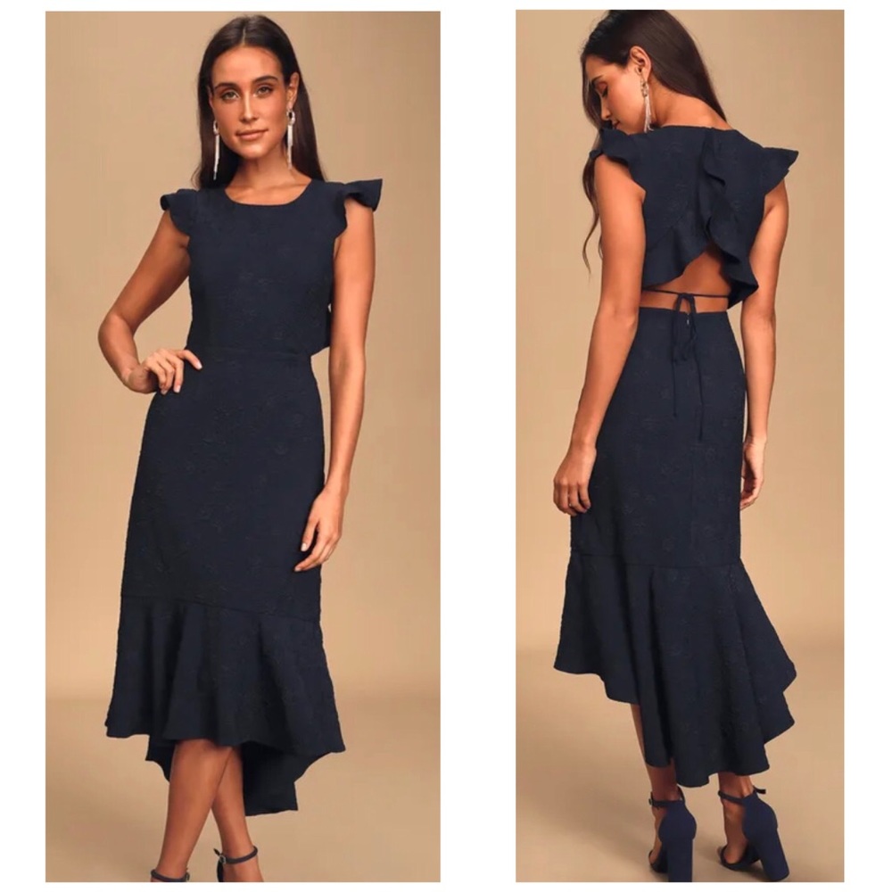 NWT Lulu’s Soirée Navy Blue Jacquard Backless High Low Dress Navy XL / 14